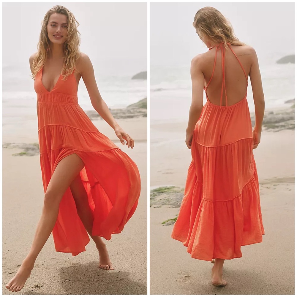 NWT Anthropologie Celandine Plunge Tiered Midi Dress in Orange Flame Size M